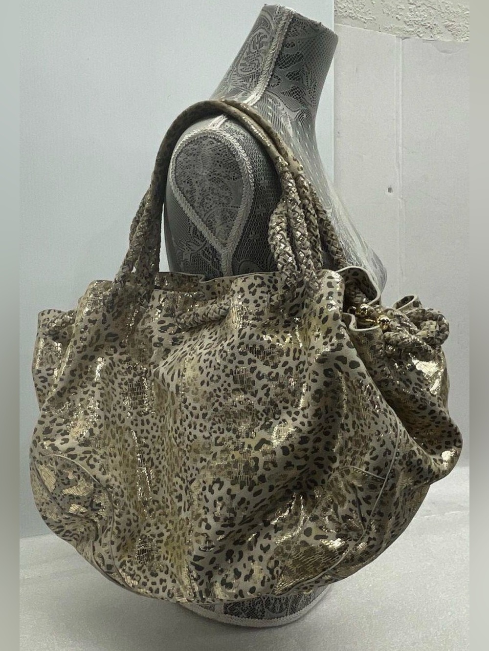 Vintage La Gioe Di Toscana Metallic Leopard-Print Leather Hobo Bag